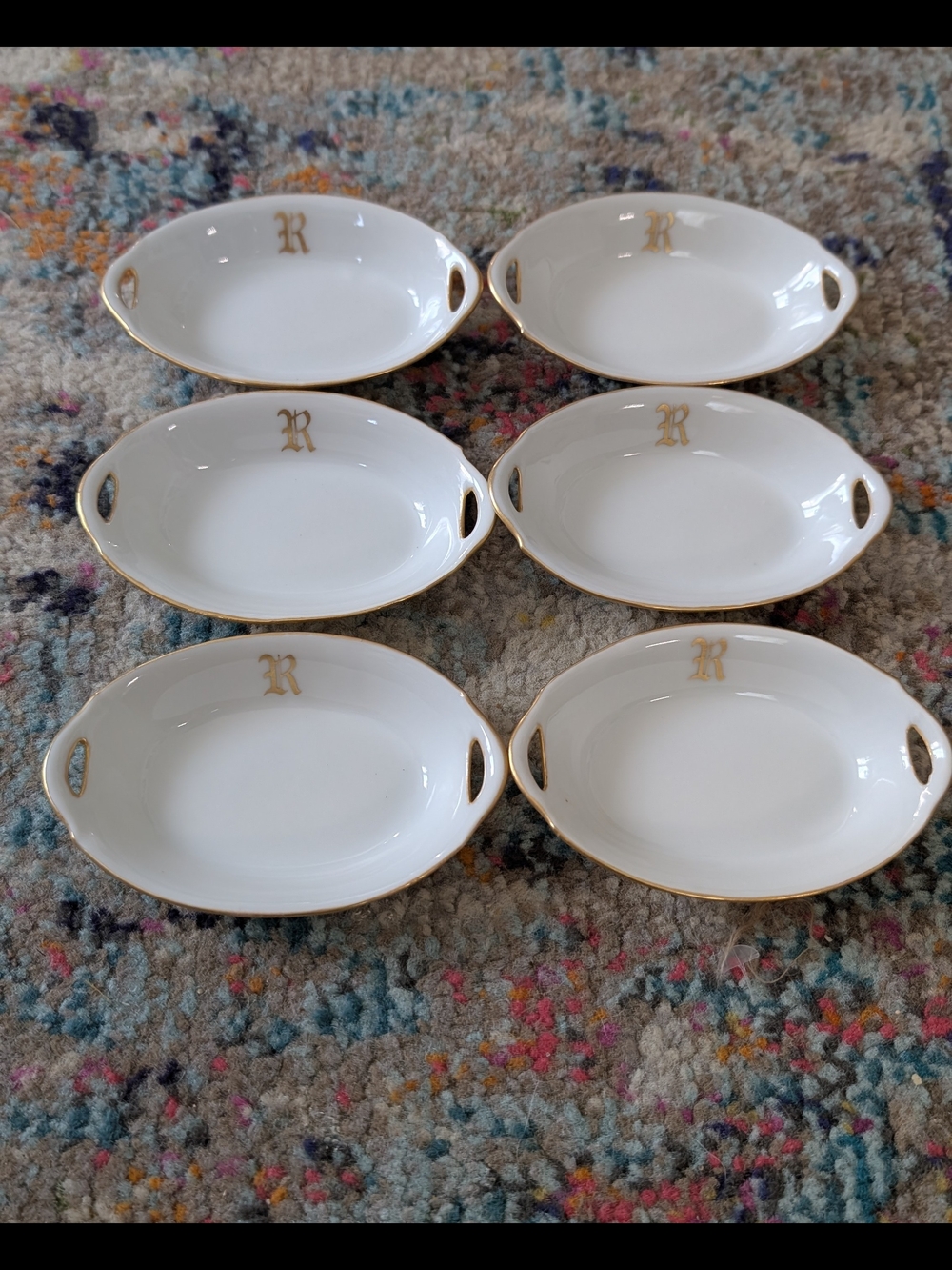 Vintage Porcelain Monogram R Mini Dish / Salt Cellar Set Gilt Trim 6pc